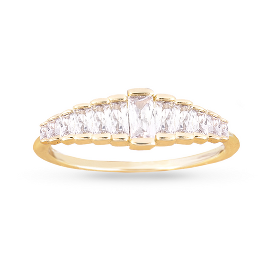 The Graduated Baguette Ring features a luxurious gold band with sparkling rhinestone accents and shimmering cubic zirconia gems. Its elegant design exudes sophistication, making it the perfect accessory for special occasions or everyday wear. Upgrade your style with this stunning and timeless piece.