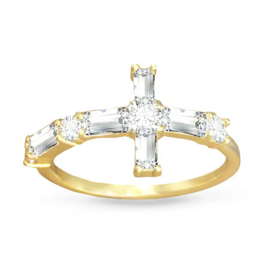 Crafted by Amanda Blu, this Baguette Cross Ring features a refined gold band adorned with a delicate cross design set with sparkling cubic zirconia stones. Its elegant silhouette combines timeless symbolism with modern sophistication, making it a versatile piece for both everyday wear and special occasions. The precise baguette-cut CZ accents enhance the ring’s brilliance, reflecting expert craftsmanship and attention to detail.