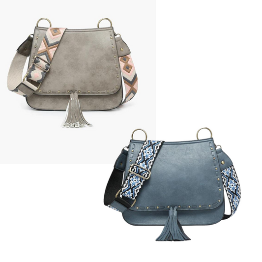 This structured crossbody features an animal print guitar strap and a decorative tassel. The detailed flapover closes with a snap. Includes two inside open pockets, one inside zip pocket, and one back zip pocket. Made of vegan leather. Available in Taupe and Denim colors.