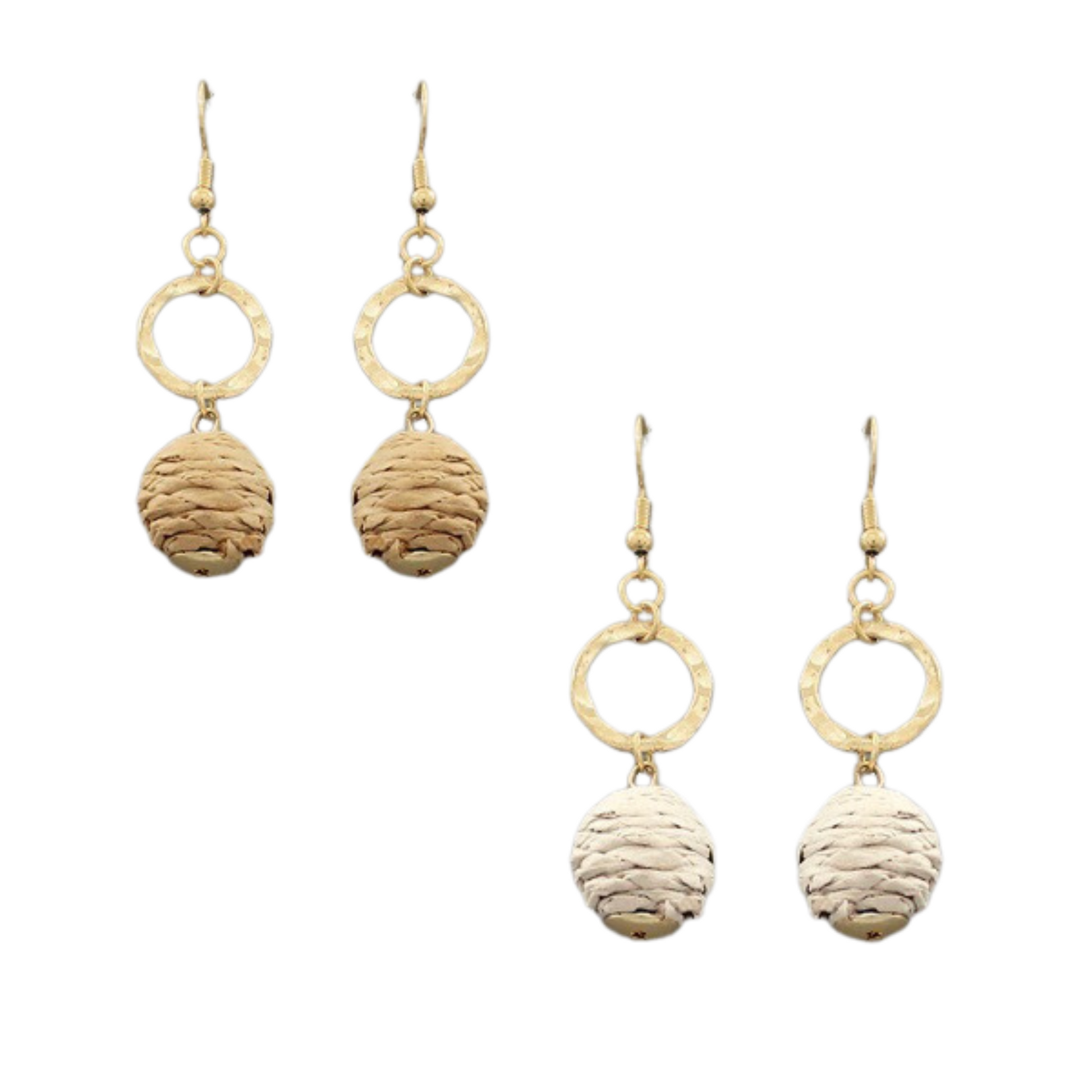 woven ball dangle earrings with a gold circle accent. Available in taupe and beige