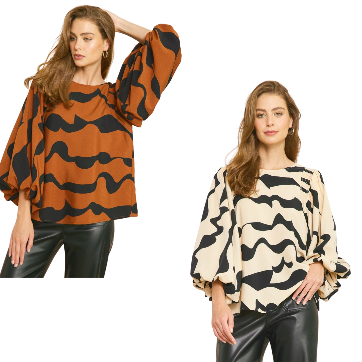 This Printed Balloon Sleeve Top is perfect for the modern woman. Crafted with lightweight woven fabric, it features smocked shoulder detail and button closure on the back. Available in natural or brown, it is sure to elevate any look.