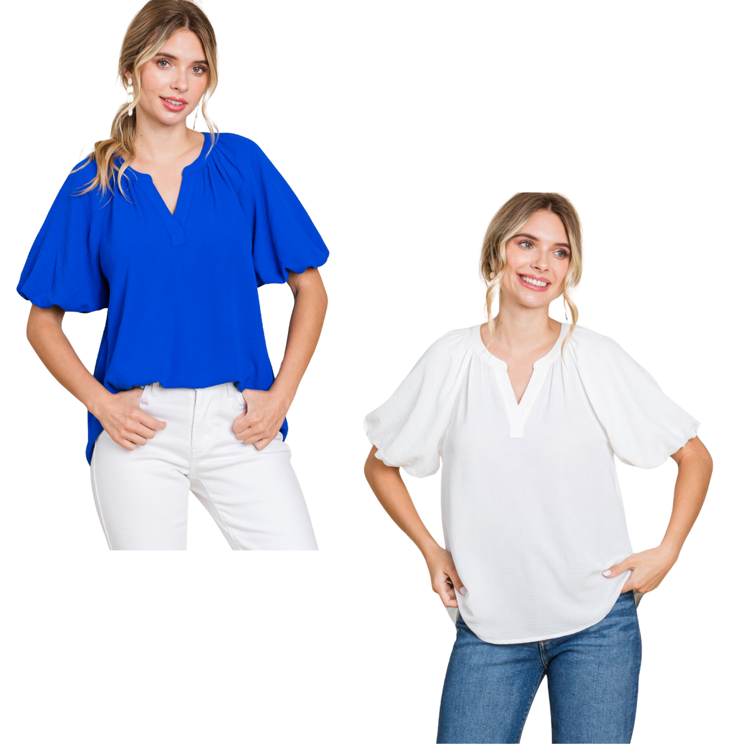 The Balloon Sleeve Top features a v neck design and trendy bubble sleeves. With a sophisticated and versatile style, this top is perfect for any occasion. Enhance your wardrobe with this must-have fashion piece. Available in off white or royal blue.