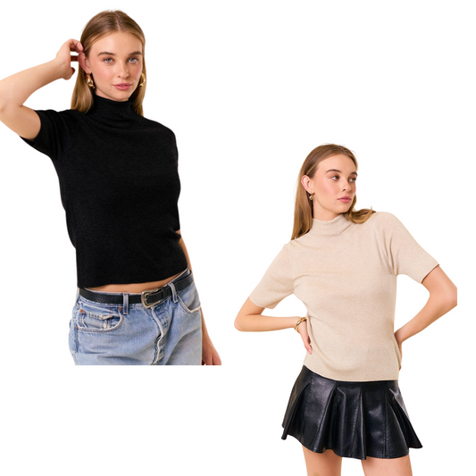 The Doe and Rae Mock Neck Half Sleeve Top is a refined basic sweater that blends comfort with effortless style. Offered in classic black or beige, its half sleeves and mock neck design make it a versatile staple suitable for layering or standalone wear. This piece delivers a polished appearance while maintaining everyday practicality, making it an essential addition to any expert wardrobe.