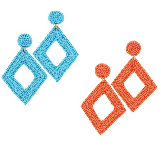 These Diamond Beaded Hoops are perfect for any occasion. Their unique diamond-shaped design features two distinct colors, blue and orange, and includes a beautiful beading that wraps around the entire hoop. They dangle delicately for a stunning effect that is sure to get noticed.