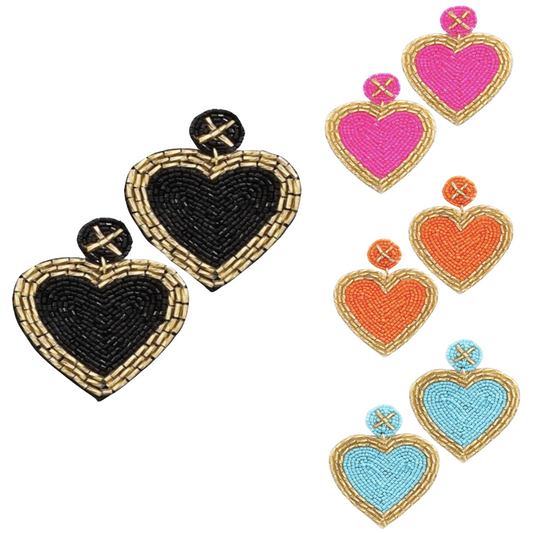 Bring a unique flair to your look with this set of beaded heart earrings. Available in pink, orange, black and turquoise, the earrings feature a gold bead outline and dangle for a cohesive and elegant look. Show off your style with these vibrant accessories!