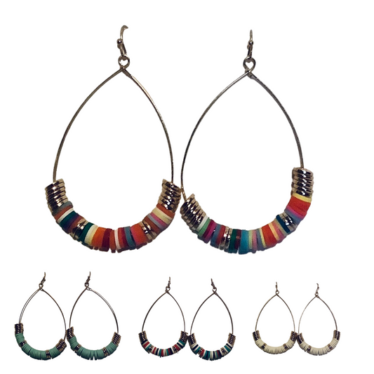 Beaded teardrop hoop earrings. Available in white, teal, multicolor, and neon multicolor