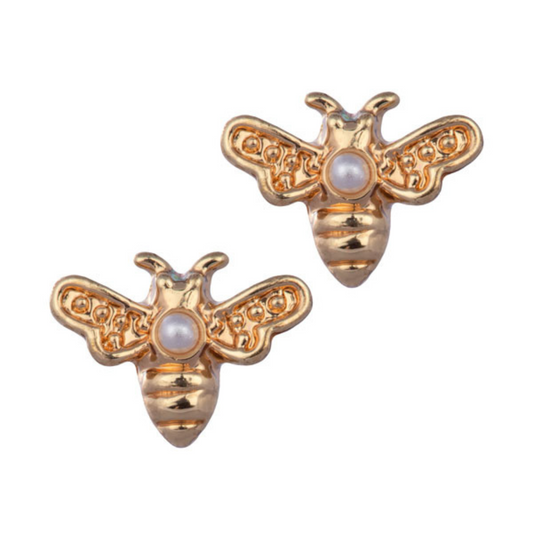 tiny gold bee stud earrings, with pearl accent