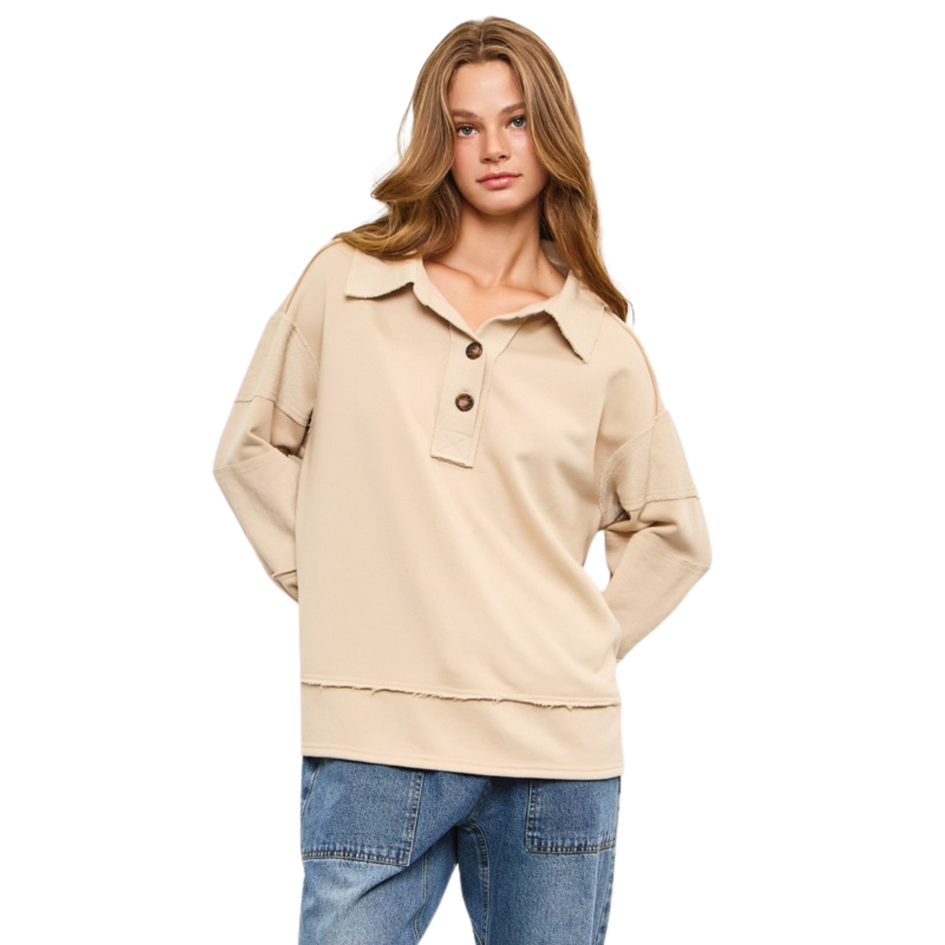 Wide V-Neck Top in Beige