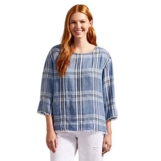 This Bell Sleeve Top With Back Bow is stylish and timeless. Crafted with a bell sleeve, the piece comes in a stylish navy, white and denim plaid. Perfect for adding a hint of sophistication to any wardrobe.