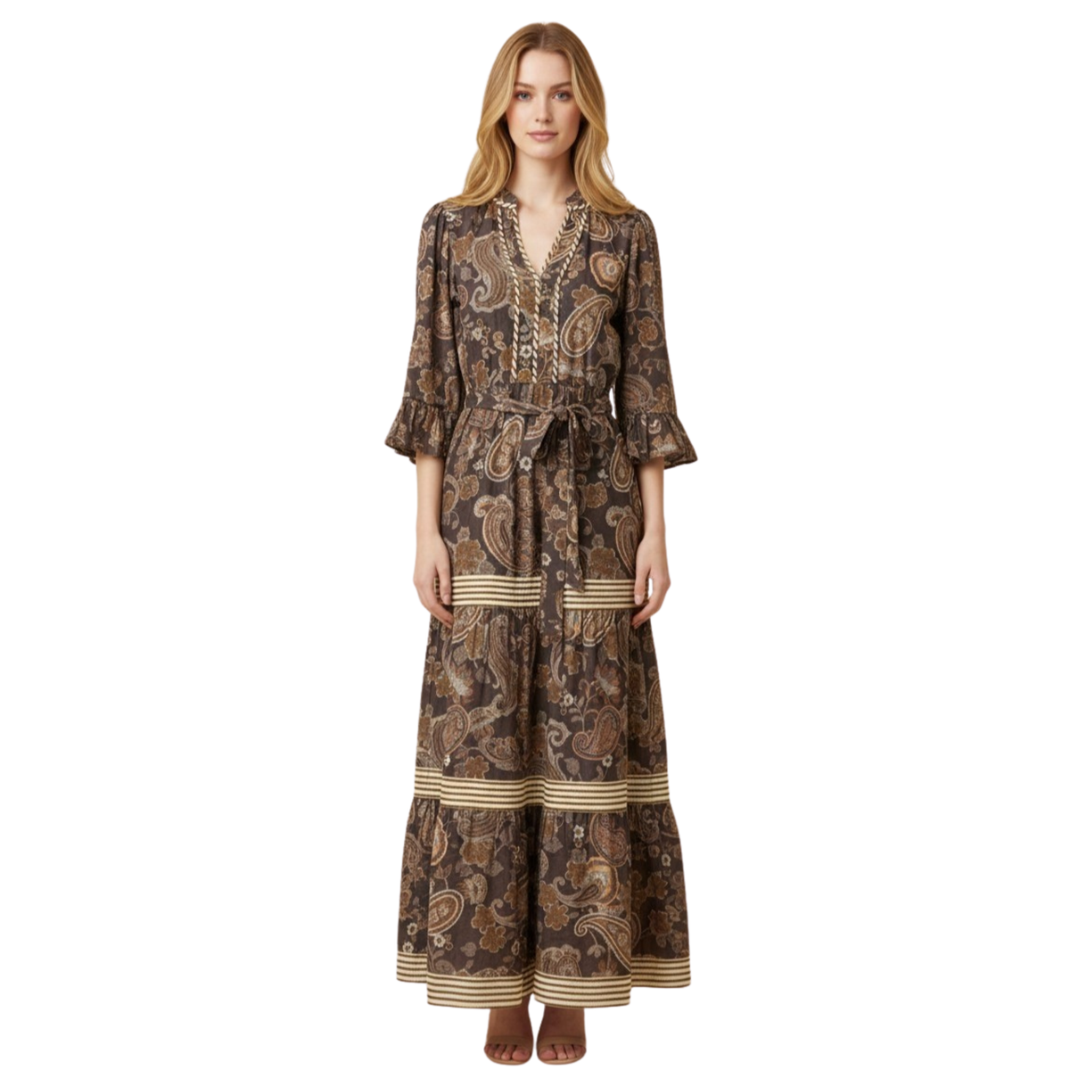 Elegant brown paisley print maxi dress from Hemish brand. Features a flattering v-neck neckline, long sleeves, and a defined belted waist that accentuates your silhouette. The tiered design adds movement and dimension for a sophisticated, body-conscious look. Perfect for elevated everyday wear or special occasions.
