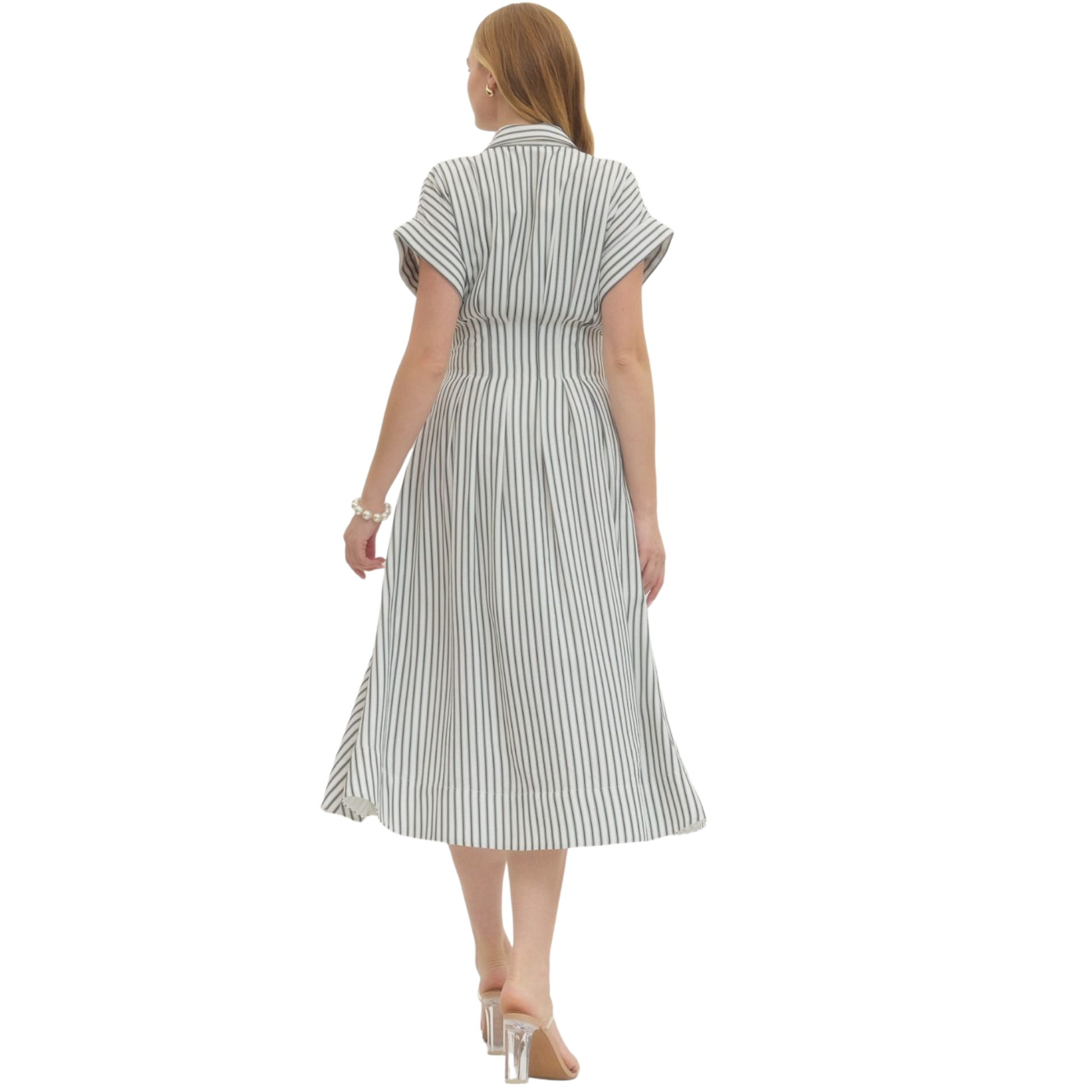 Elevate your everyday wardrobe with this Entro belted midi dress, featuring classic horizontal stripes in a sophisticated off-white palette. The short sleeves offer breathable comfort, while the defined waistband creates a flattering silhouette that transitions seamlessly from office to weekend. The midi length provides versatile styling options—pair with sneakers for casual elegance or dress up with heels for evening occasions. A timeless piece that combines understated design with practical wearability.