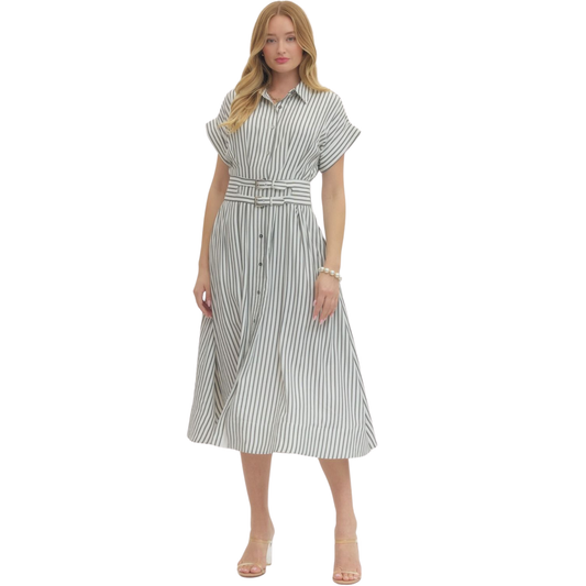 Elevate your everyday wardrobe with this Entro belted midi dress, featuring classic horizontal stripes in a sophisticated off-white palette. The short sleeves offer breathable comfort, while the defined waistband creates a flattering silhouette that transitions seamlessly from office to weekend. The midi length provides versatile styling options—pair with sneakers for casual elegance or dress up with heels for evening occasions. A timeless piece that combines understated design with practical wearability.