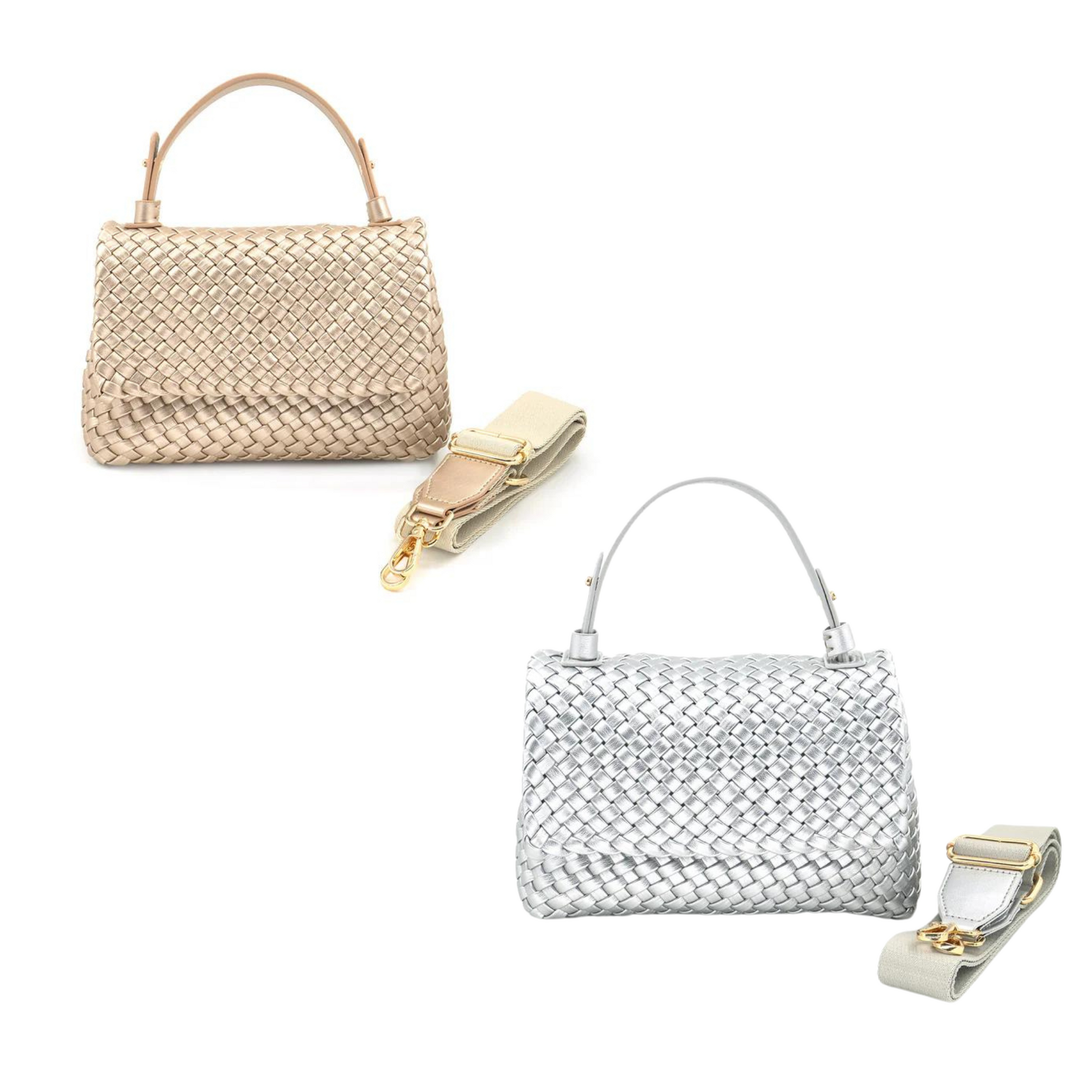 The Berlin Bag, crafted by BC Bags, is a small purse available in silver or gold. With a chic woven design, this bag is the perfect accessory for any outfit. Elevate your style with this trendy and versatile bag.