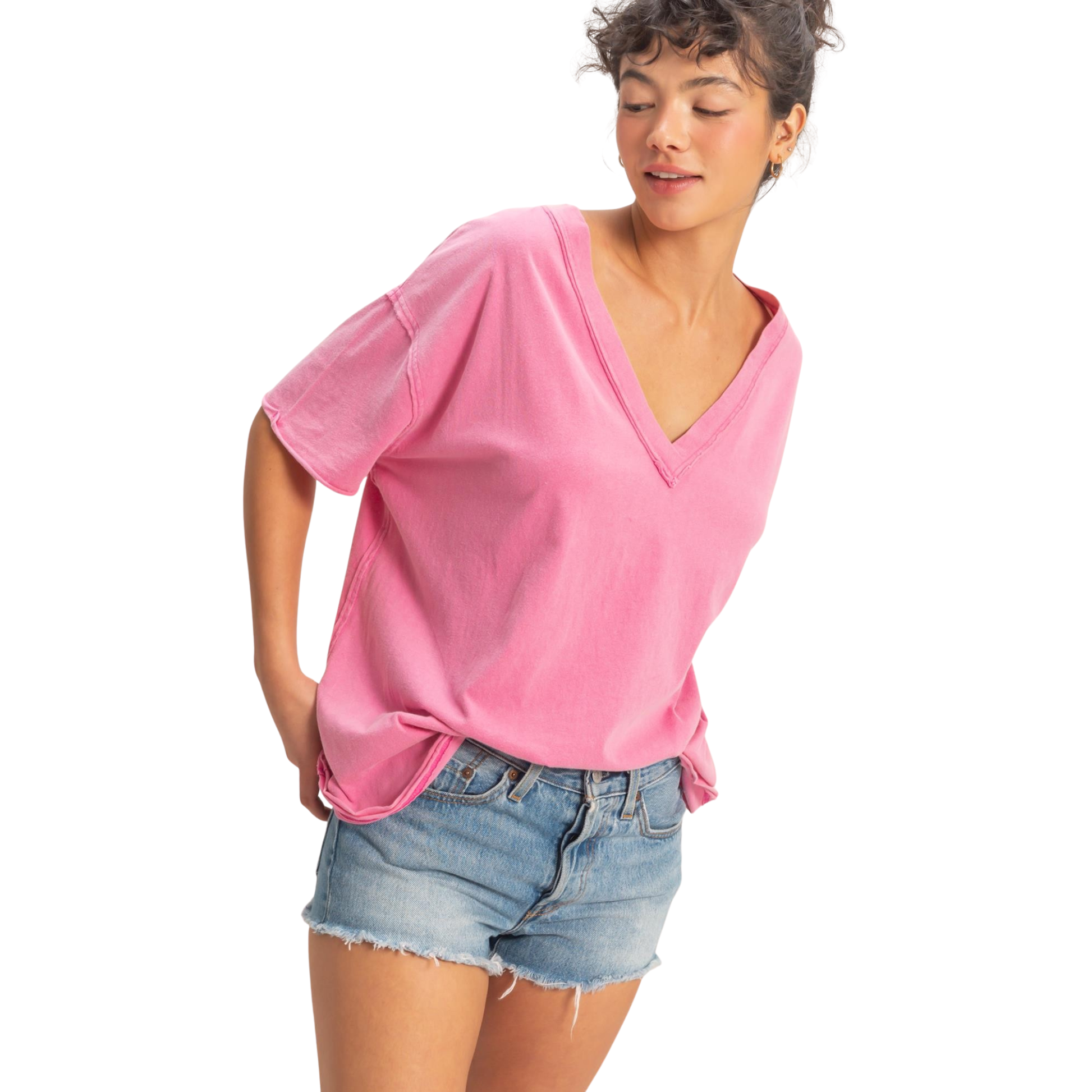 Washed oversized v-neck top in berry