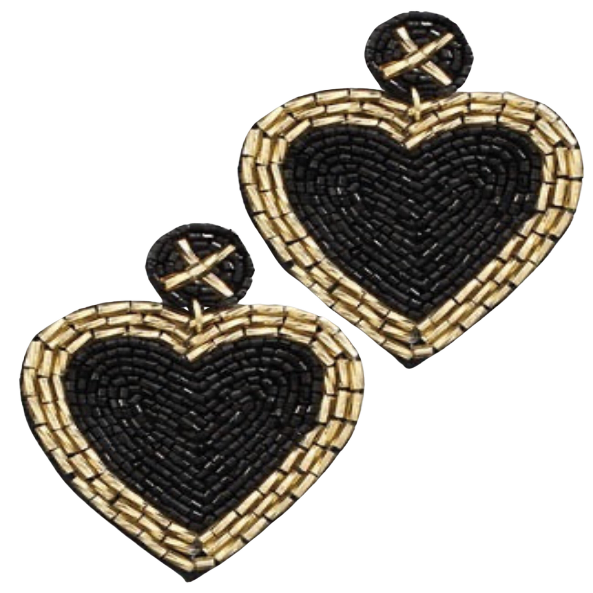 black beaded heart shaped dangle earrings with gold bead trim