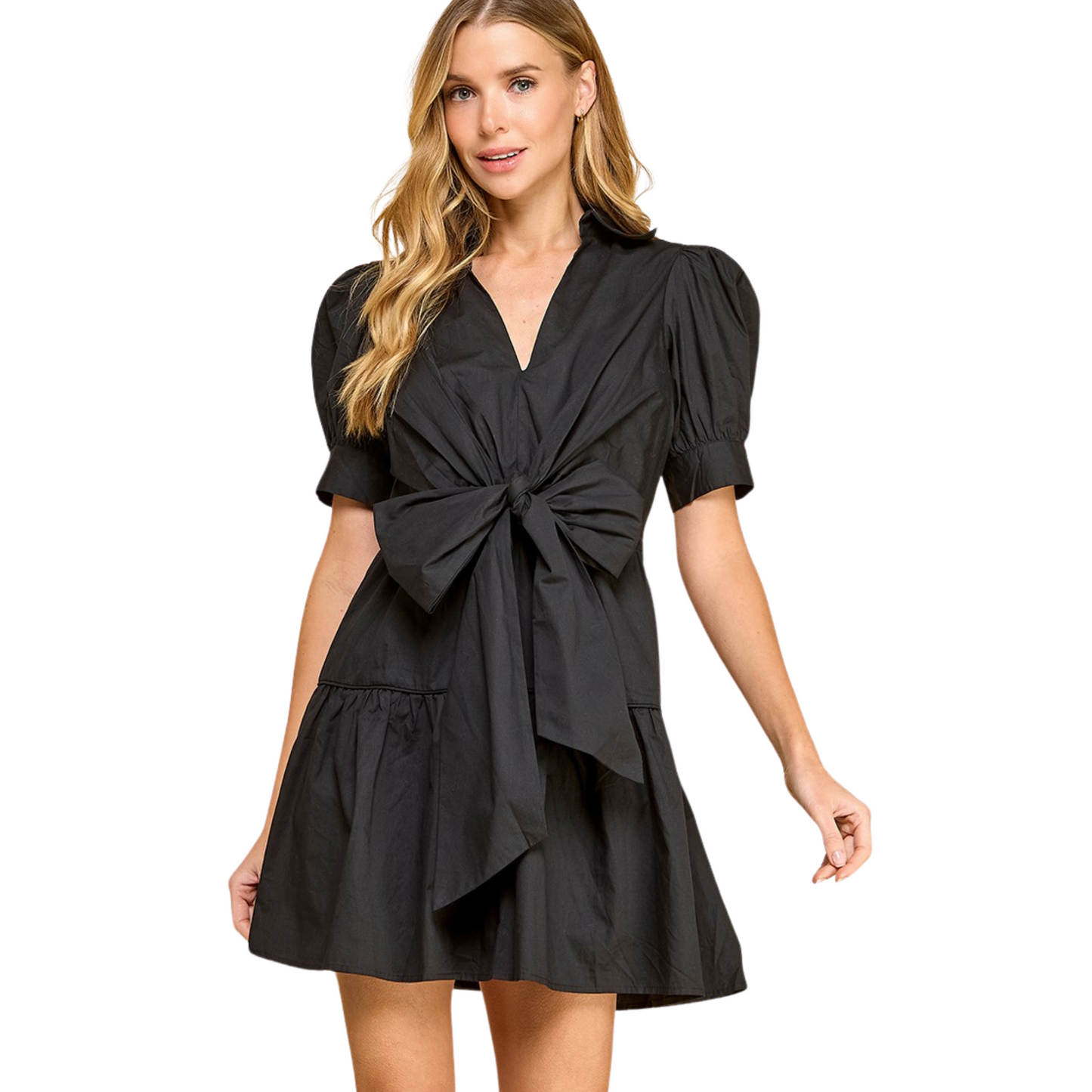 Introducing the Poplin V-Neck Bow Dress from TCEC. With its elegant black color and stylish bow accent, this mini dress is a must-have for any fashion-forward wardrobe. Its short sleeves add a touch of sophistication, making it perfect for any occasion. Elevate your style with TCEC's expertly crafted dress.