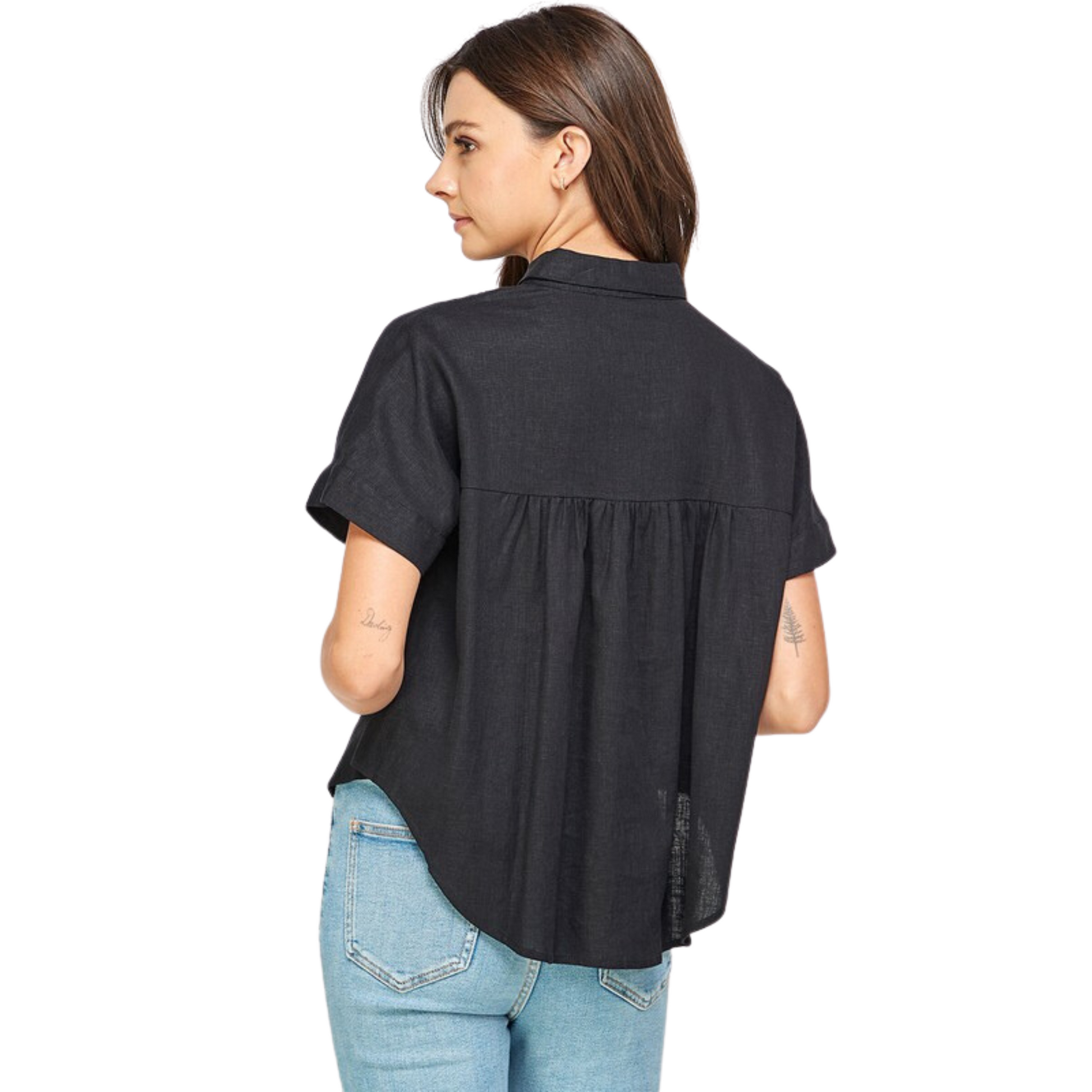 short sleeve black button up top with collar