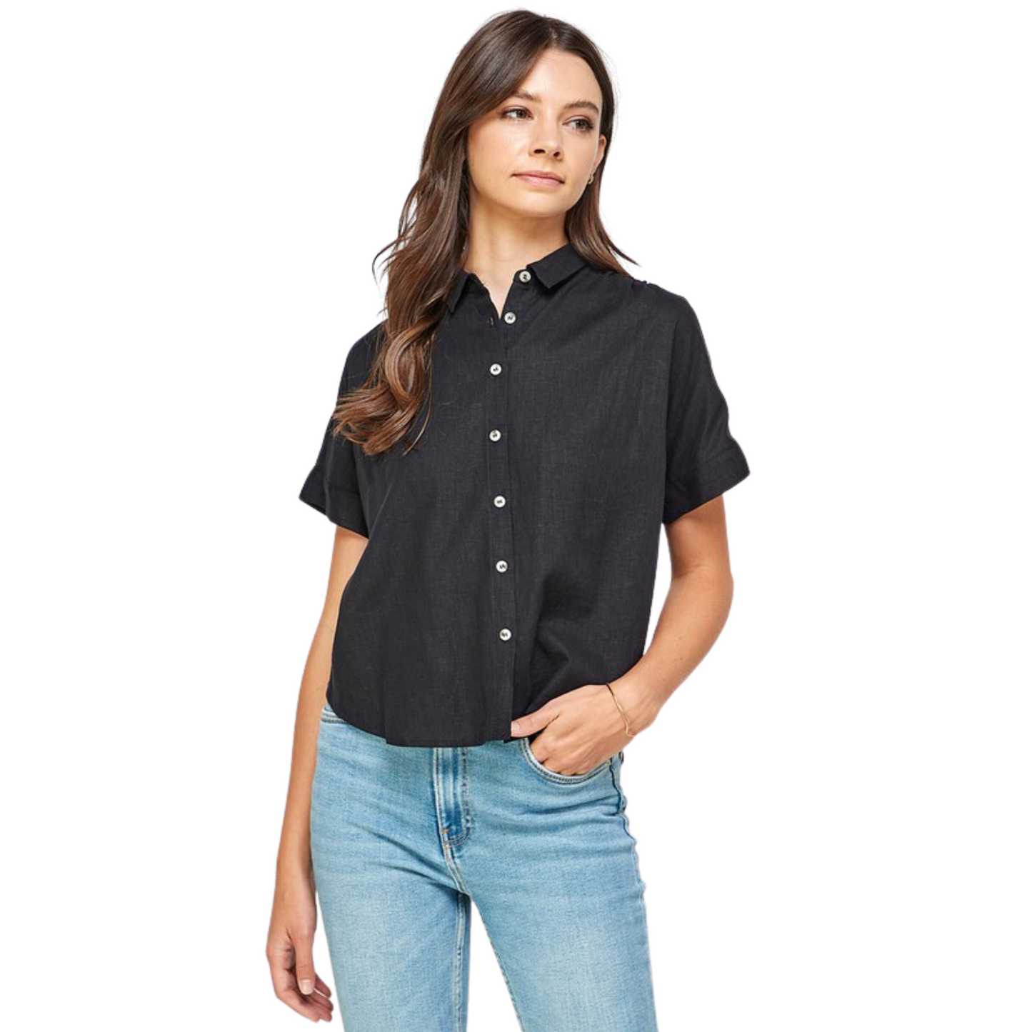 short sleeve black button down top with collar