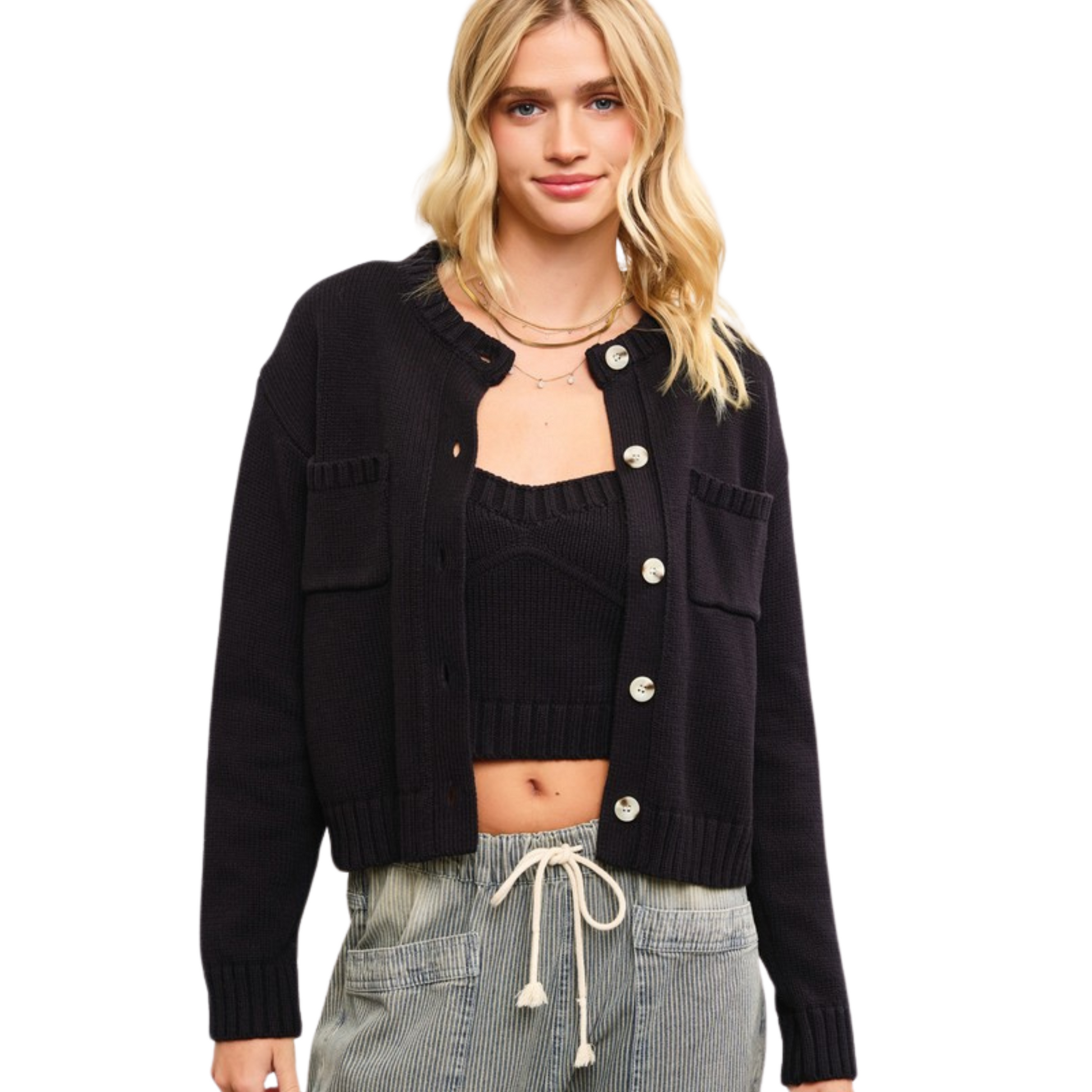 Ribbed button up cropped sweater in black