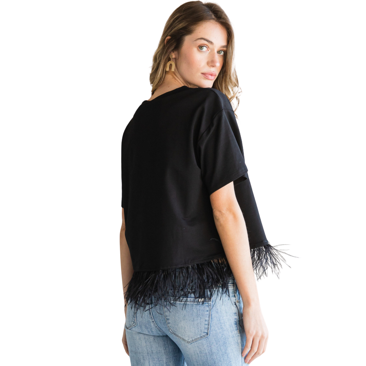 This versatile top is available in both black and white. The fur trim adds a touch of elegance and warmth, while the short sleeves and crew neck provide comfort and style. Perfect for any occasion, this top is a must-have for your wardrobe.