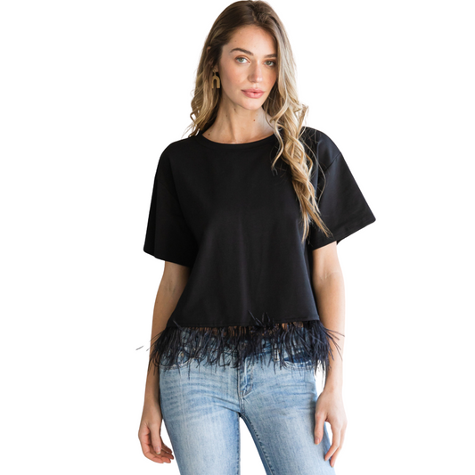This versatile top is available in both black and white. The fur trim adds a touch of elegance and warmth, while the short sleeves and crew neck provide comfort and style. Perfect for any occasion, this top is a must-have for your wardrobe.