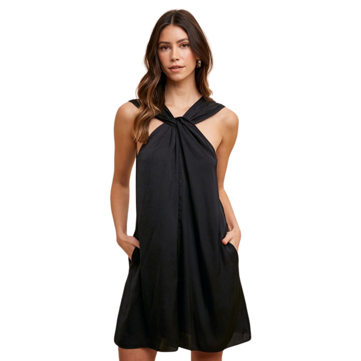 Expertly designed with a halter neckline and inner lining, this dress offers both style and comfort. A side concealed zipper and tie neck add an elegant touch, while the satin effect flowy fabric and relaxed fit provide a chic and flattering look. Upgrade your wardrobe with this must-have halter mini dress.