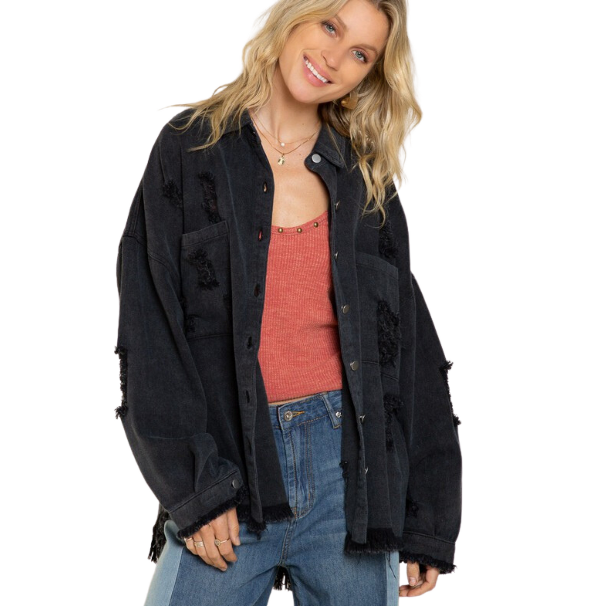 This fashionable Black Denim Jacket is made with high-quality black denim material for durability and comfort. It features a classic button up style and is available in regular sizes. Perfect for any occasion, this timeless piece will add style to any wardrobe.