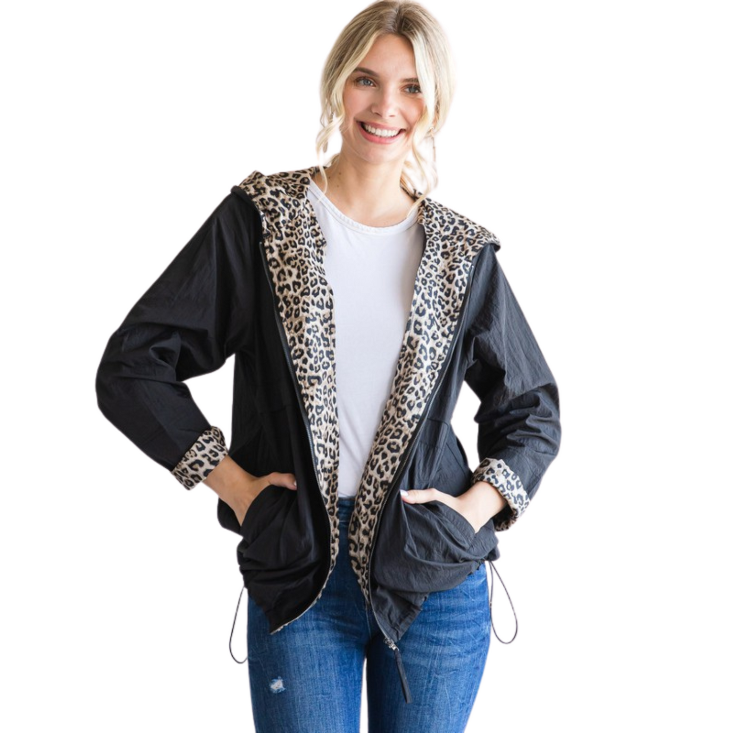 Leopard lined windbreaker jacket in black