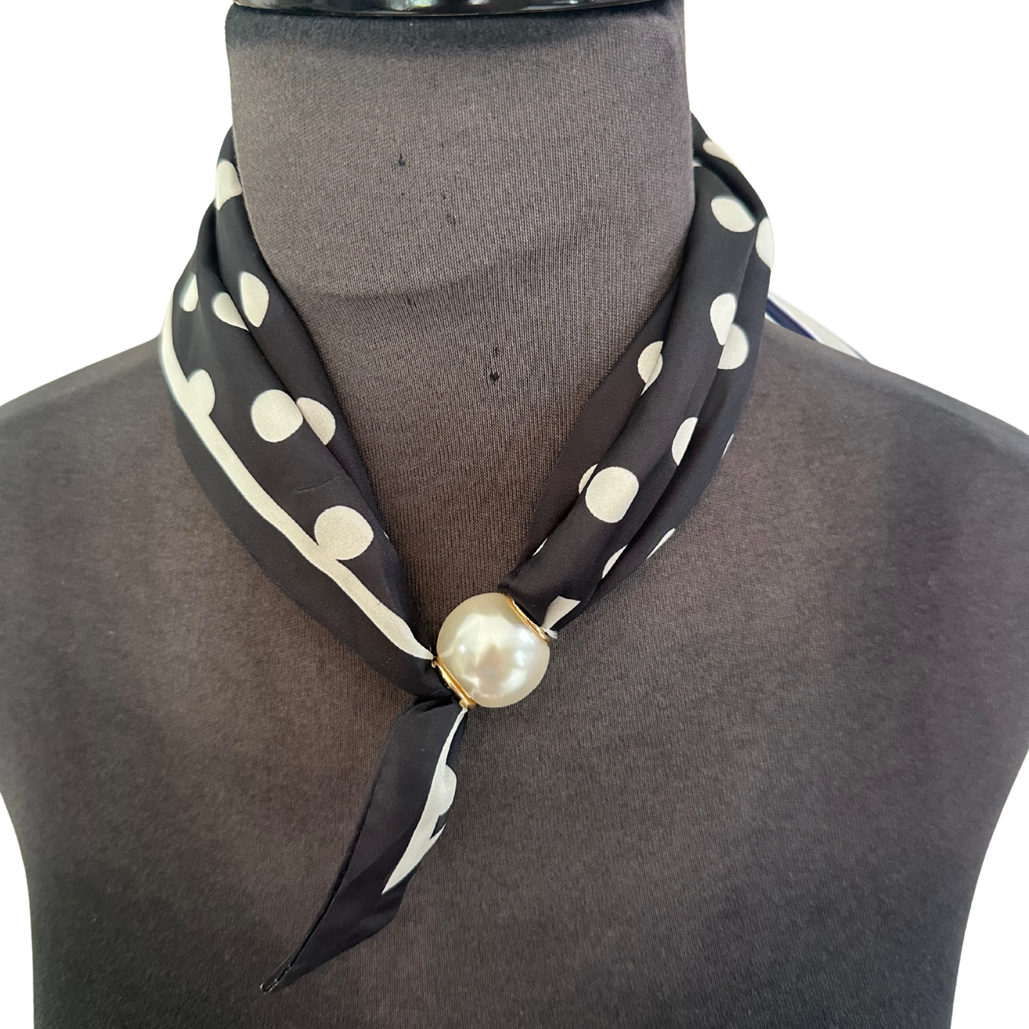 Scarf Necklace with Pearl accent in Large black polka dot