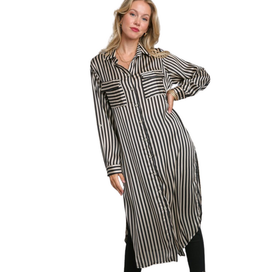 Our Striped Long Sleeve Mini Dress is cut from black fabric for a timeless look. Featuring a button down closure, chest pockets, and a side slit, this dress will be your go-to for smart-casual styling. Made from lightweight material for a comfortable fit, perfect for any occasion.