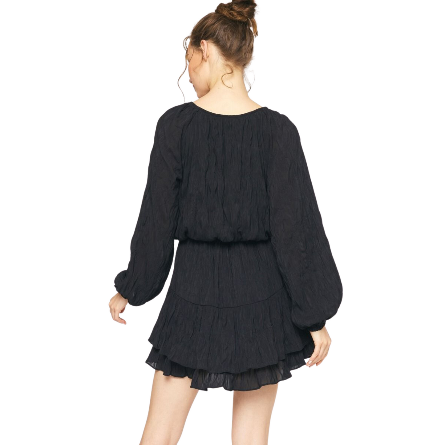 This fashionable long sleeve mini dress is perfect for any occasion. Crafted with textured fabric in classic black and featuring a stylish ruffled hem, a self-tie waist detail and a button-up front, this mini dress will look great on any figure. Lightweight and non-sheer, the dress is also fully lined for a comfortable fit.