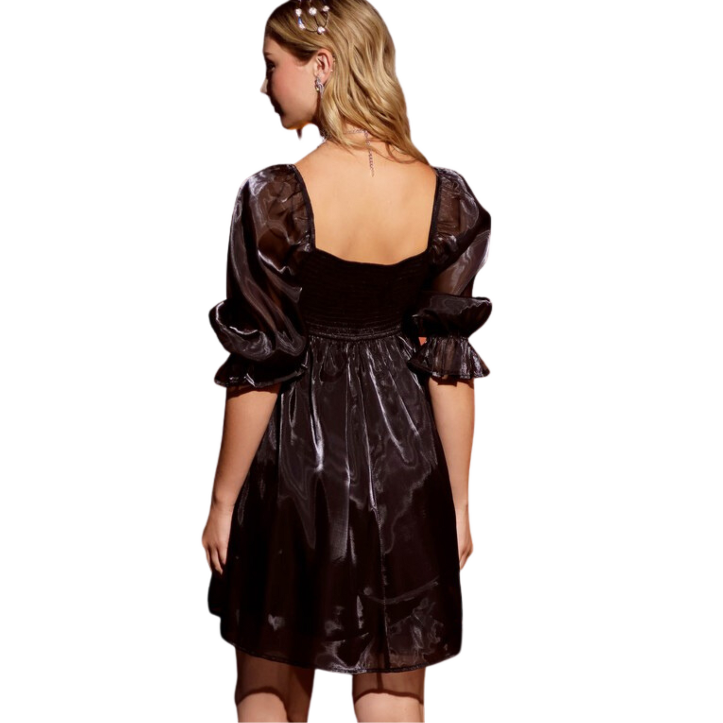 This classic satin babydoll dress is perfect for any occasion. Its stylish square neckline and elasticized puff sleeves give it a sophisticated look while its mini length and smock back lend an effortless allure. The dress is fully lined, guaranteeing comfort and quality.