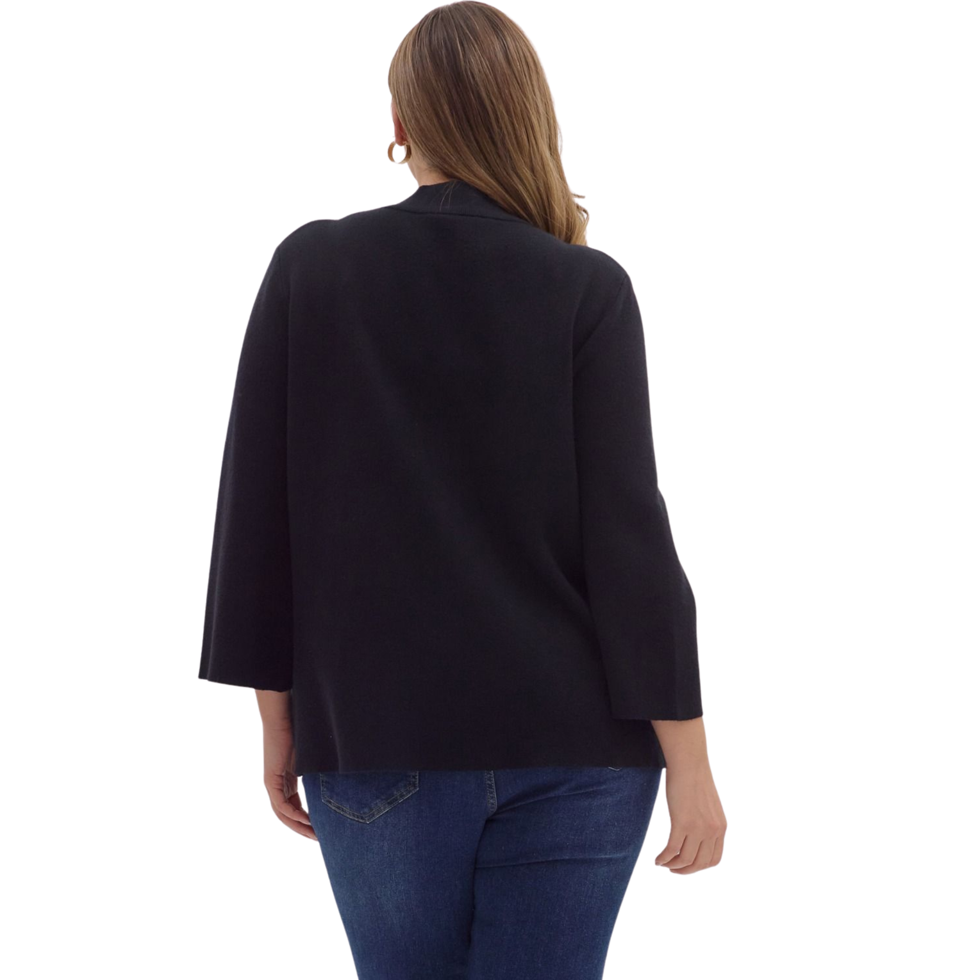 This sleek black top features a sophisticated mock neck and comfortable 3/4 length sleeves, crafted by Entro for a refined fit. Its streamlined silhouette makes it a versatile piece, perfect for layering or wearing alone to elevate your wardrobe with understated elegance.