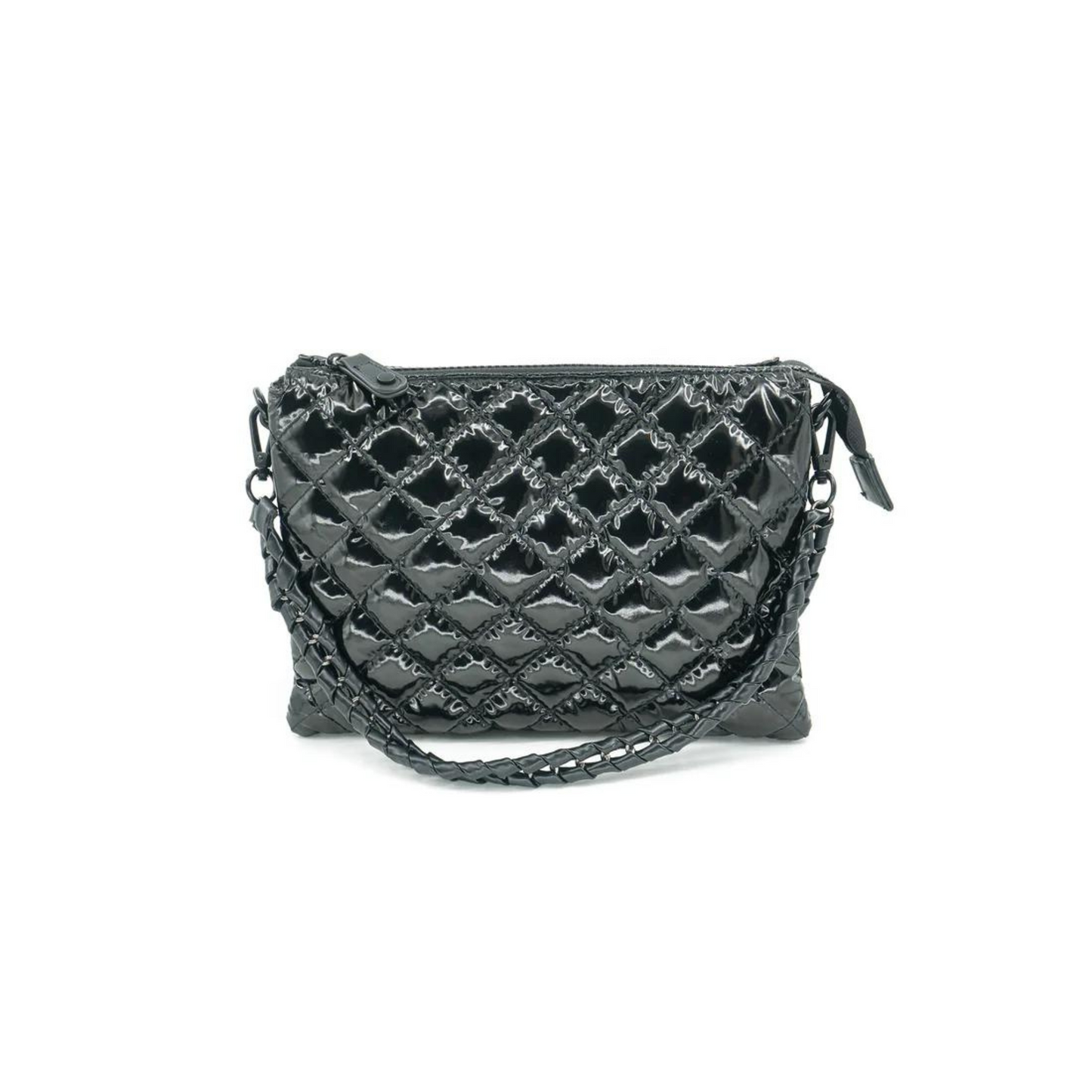 Quilted puffer bag in black patent