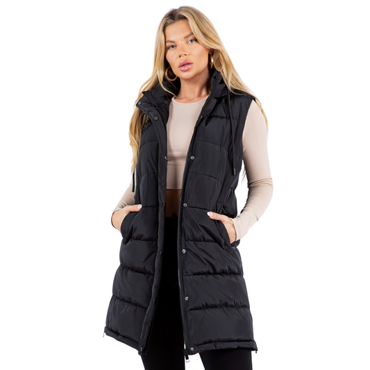 Stay warm without the bulk. This sleeveless puffer vest delivers serious insulation in a streamlined silhouette, perfect for layering over any outfit. The extended length provides extra coverage, while the attached hood adds versatile protection from the elements. Crafted by Diamante Jeans, this black vest combines functionality with contemporary style—ideal for transitional weather or as a lightweight outer layer.
