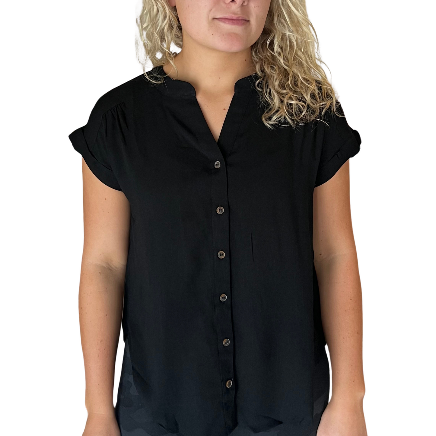Rolled sleeve woven top in black