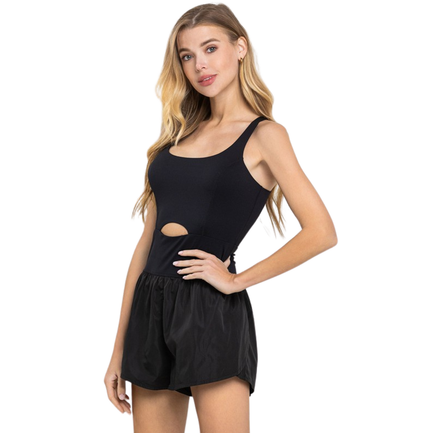 The Athletic Romper is perfect for your active lifestyle. With a small center cut out and an elastic waistband, this sleeveless romper offers ultimate comfort and flexibility. Designed in black, it's the perfect addition to your athletic wardrobe.