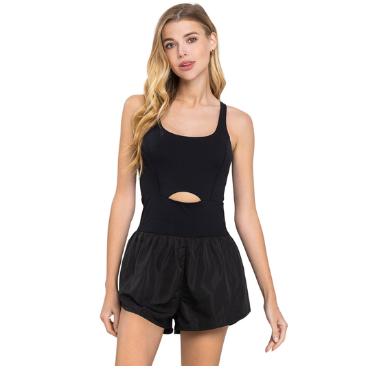 The Athletic Romper is perfect for your active lifestyle. With a small center cut out and an elastic waistband, this sleeveless romper offers ultimate comfort and flexibility. Designed in black, it's the perfect addition to your athletic wardrobe.