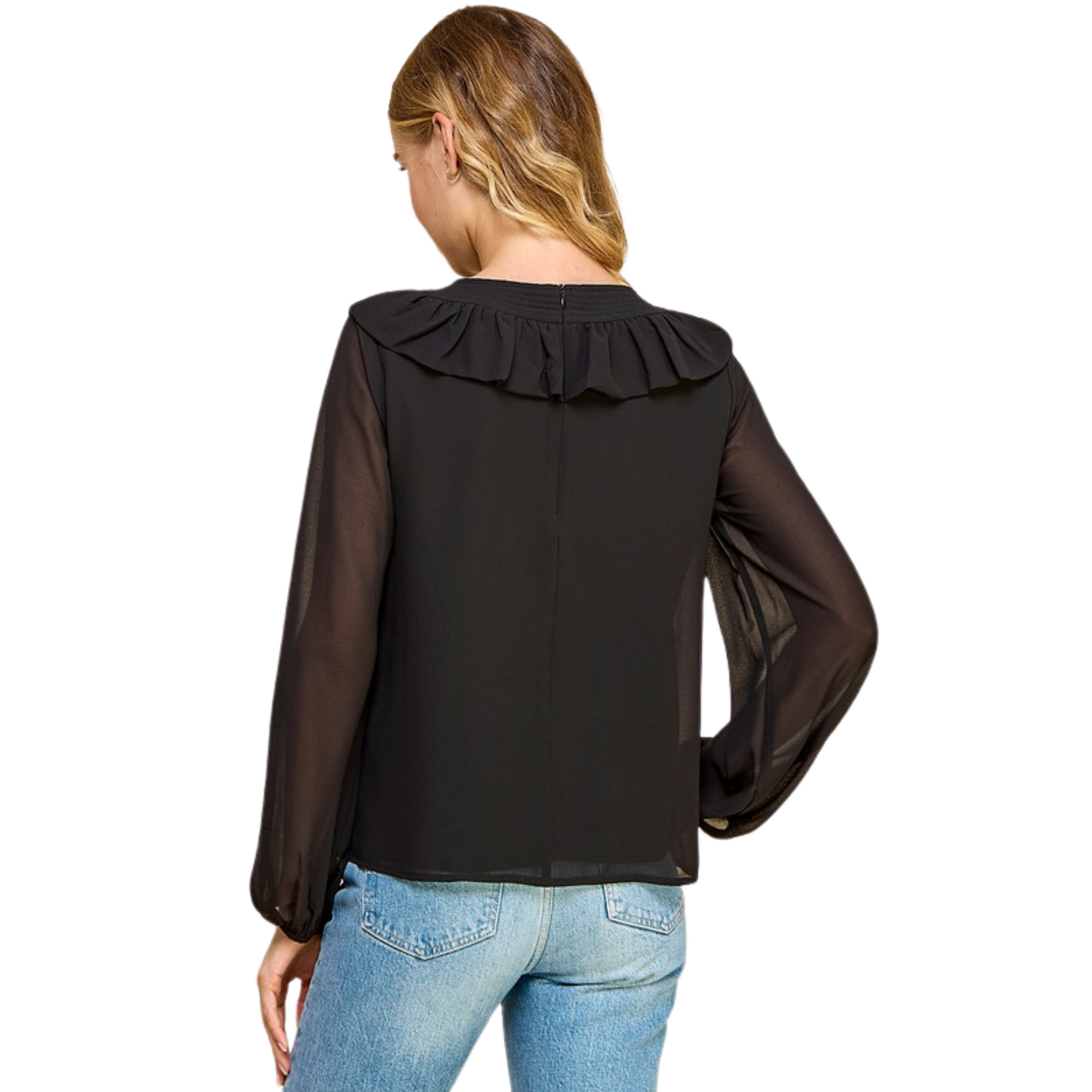 This elegant long sleeve blouse from TCEC features sheer black sleeves that add a delicate, sophisticated touch. Ruffle accents enhance its feminine silhouette, making it a versatile piece for both professional and stylish casual wear. Crafted to combine comfort with refined design, this blouse elevates your wardrobe with subtle yet striking details.