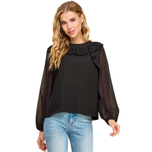This elegant long sleeve blouse from TCEC features sheer black sleeves that add a delicate, sophisticated touch. Ruffle accents enhance its feminine silhouette, making it a versatile piece for both professional and stylish casual wear. Crafted to combine comfort with refined design, this blouse elevates your wardrobe with subtle yet striking details.