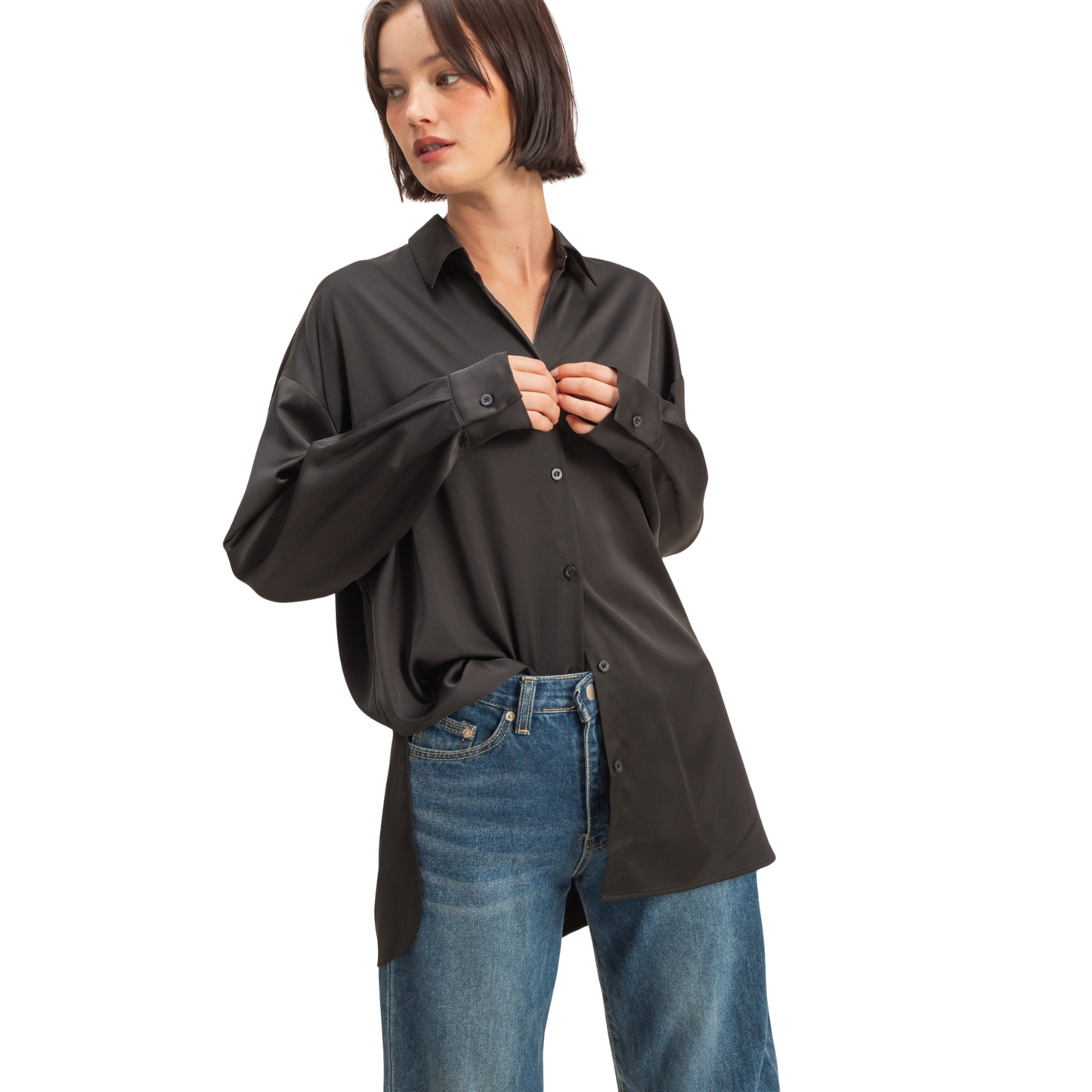 Oversized satin top in black