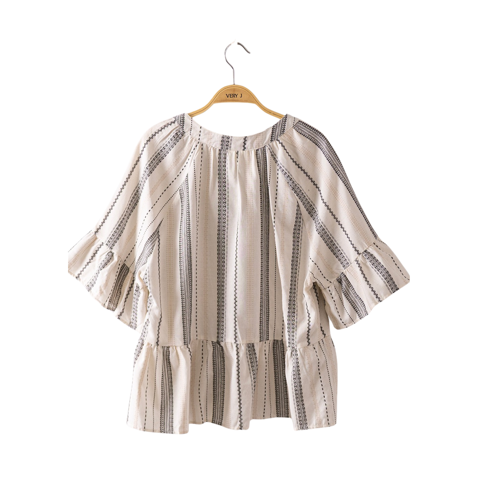 Elevate your wardrobe with this chic Striped Bell Sleeve Top by Very J. Featuring a classic cream and black striped pattern, this flattering piece combines timeless style with modern comfort. The V-neckline creates an elegant silhouette, while half sleeves transition into graceful bell cuffs for a feminine touch. Designed in plus size for a confident fit that celebrates your curves. Perfect for casual outings or dressed up for any occasion.