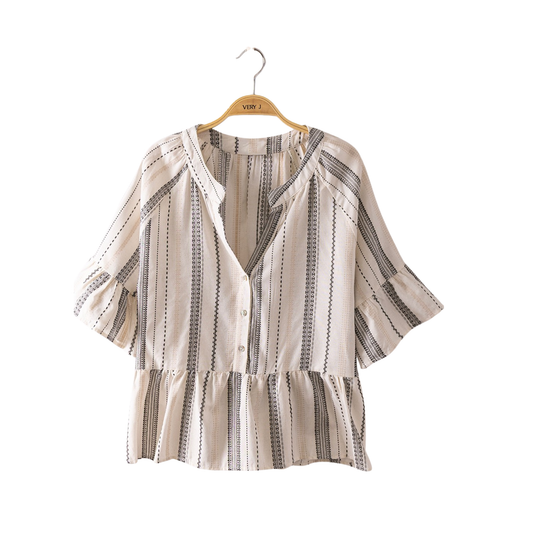 Elevate your wardrobe with this chic Striped Bell Sleeve Top by Very J. Featuring a classic cream and black striped pattern, this flattering piece combines timeless style with modern comfort. The V-neckline creates an elegant silhouette, while half sleeves transition into graceful bell cuffs for a feminine touch. Designed in plus size for a confident fit that celebrates your curves. Perfect for casual outings or dressed up for any occasion.