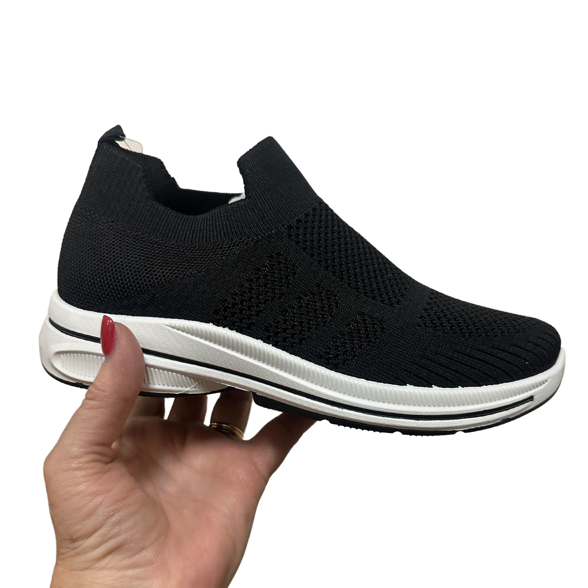 This pair of black sneakers is perfect for everyday wear. Its lightweight woven design ensures your feet stay comfortable all day long, and the slip-on feature means you can get ready in no time. Look stylish while staying comfortable!