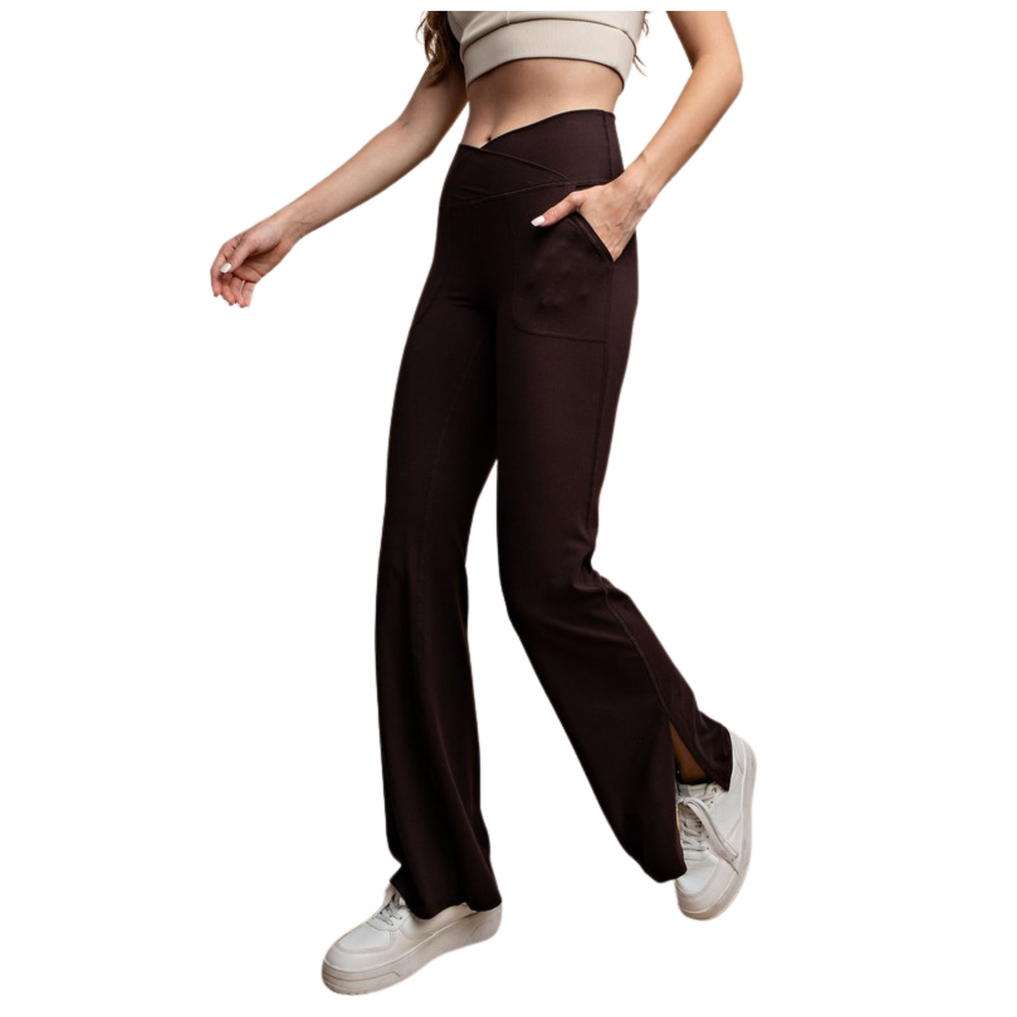 Experience ultimate comfort with our V Waist Flared Yoga Pants. Made with butter soft fabric, these pants offer a smooth and luxurious feel. Designed with a V waist for a flattering fit and flared bottoms for added style. Perfect for yoga with convenient pockets. Available in black.