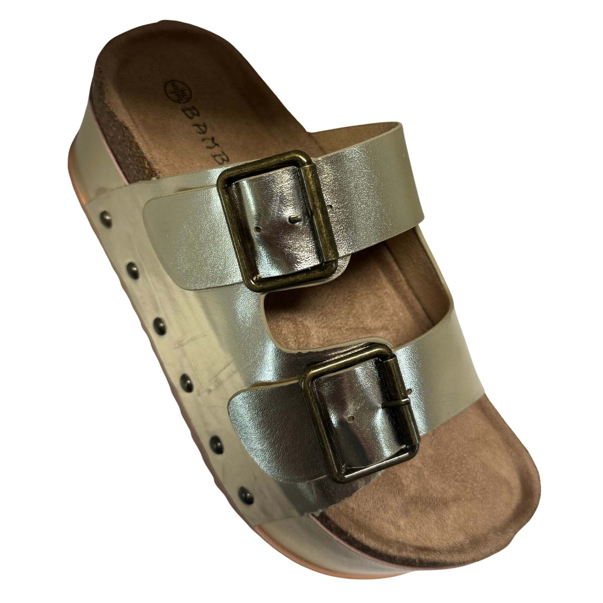 The Blowout-01 wedge sandals feature a sleek gold design with a platform for added height. Elevate your style and stand out from the crowd with these statement sandals. Perfect for any occasion, they will effortlessly enhance any outfit.