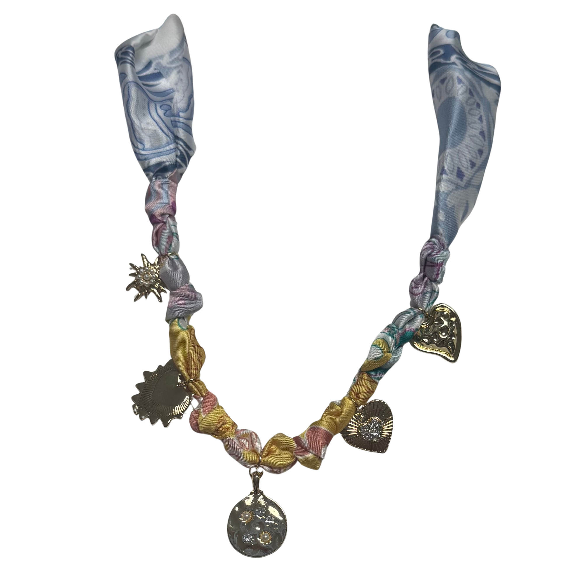 Blue and yellow scarf necklace with heart and sun charms