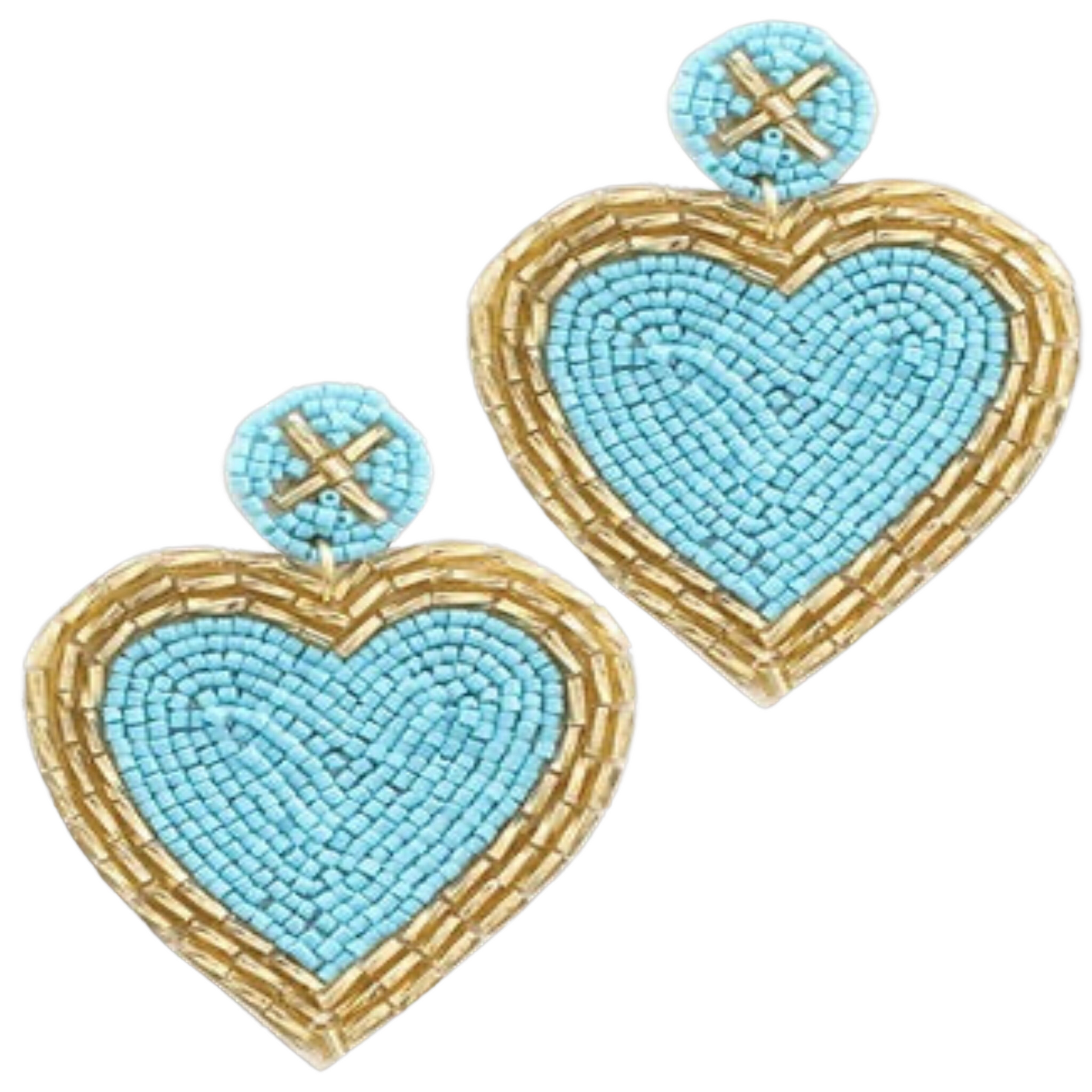 blue beaded heart shaped dangle earrings with gold beaded trim