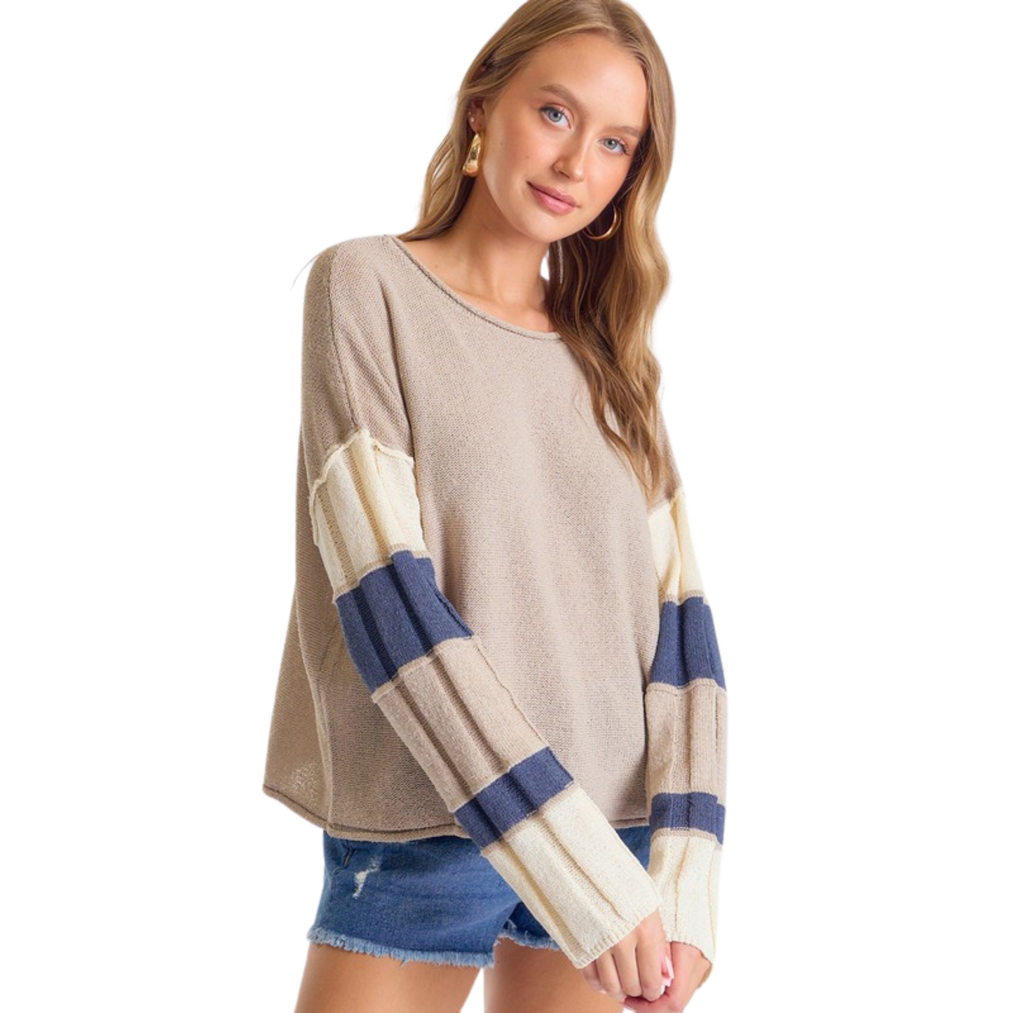 Boat neck color block sweater in Grey and cream