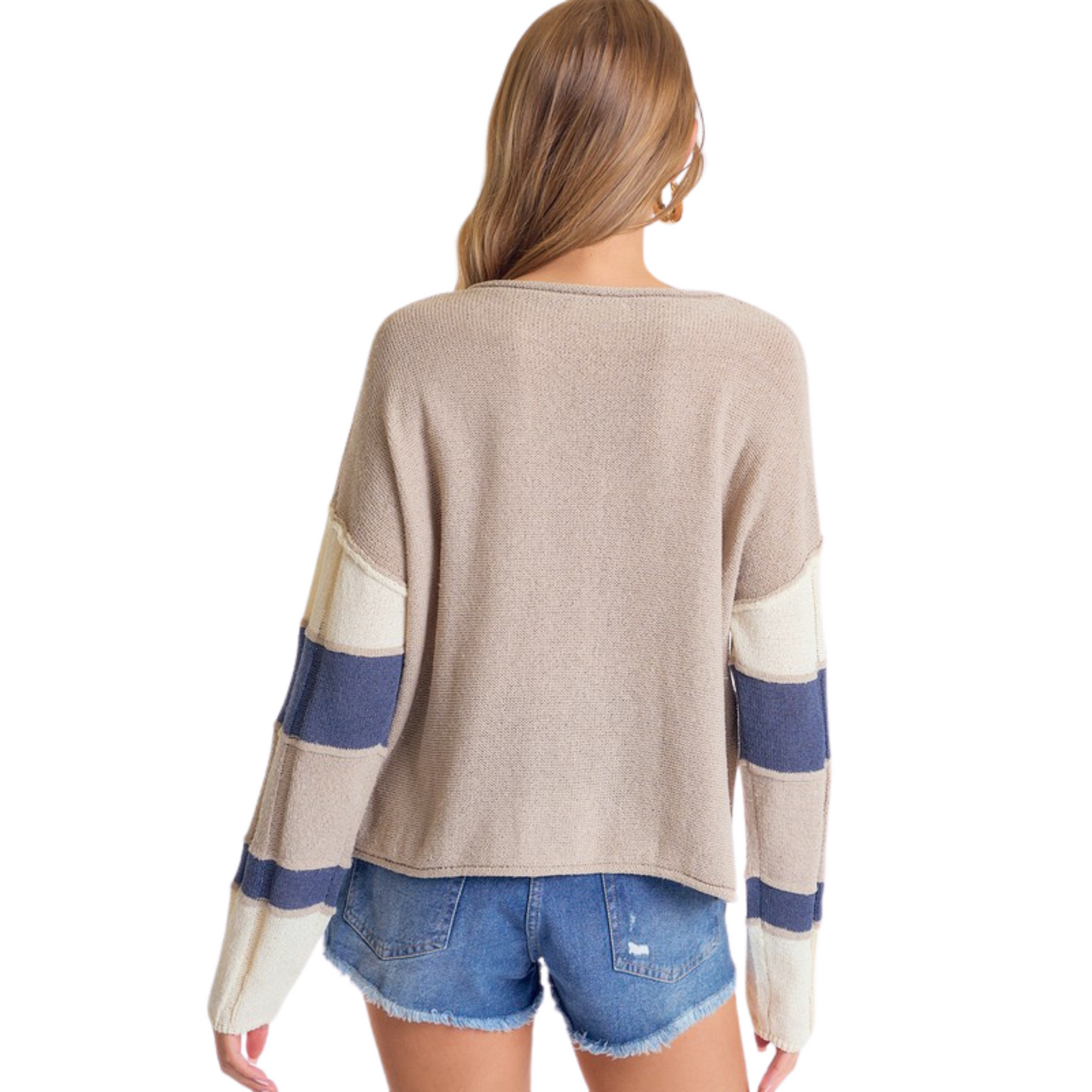 Boat neck color block sweater in grey and cream